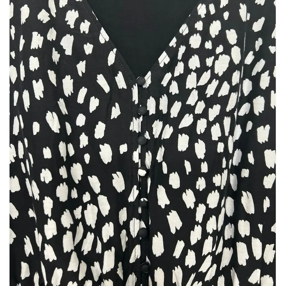 Vineyard Vines Black White Silk Blend Dress Large V Neck Long Sleeve Ruffle Hem - Picture 10 of 16